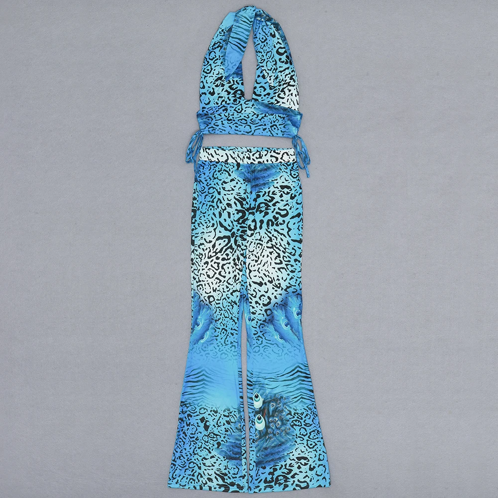 

2021 Summer Sleeveless Backless Leopard Print Sexy Halter Crop Tops & Pants Casual Slim Women Two Pieces Set Streetwear CH0186