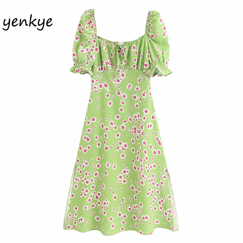 Женские Платья с цветочным принтом квадратным вырезом пышными рукавами vestidos