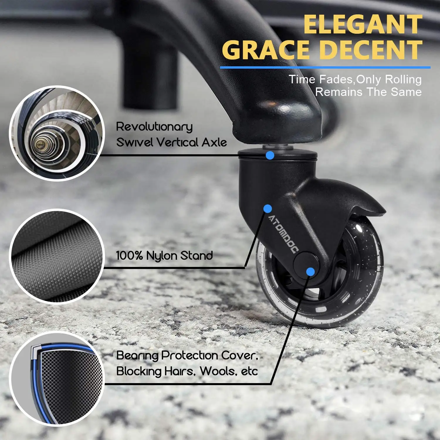 Универсальные беззвучные ролики для офисных стульев ATOMDOC 5 шт./компл. 3 дюйма 11 мм