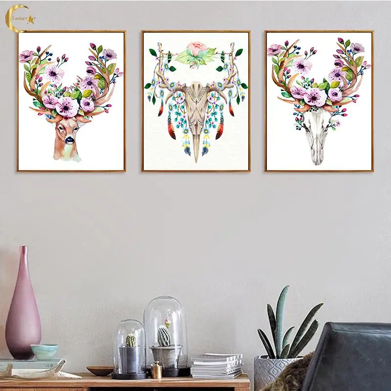 

Nordic Style Geometric Flower Deer Canvas Painting Animal Abstract Poster Baby Nursery Wall Art Prints for Living Room Decor
