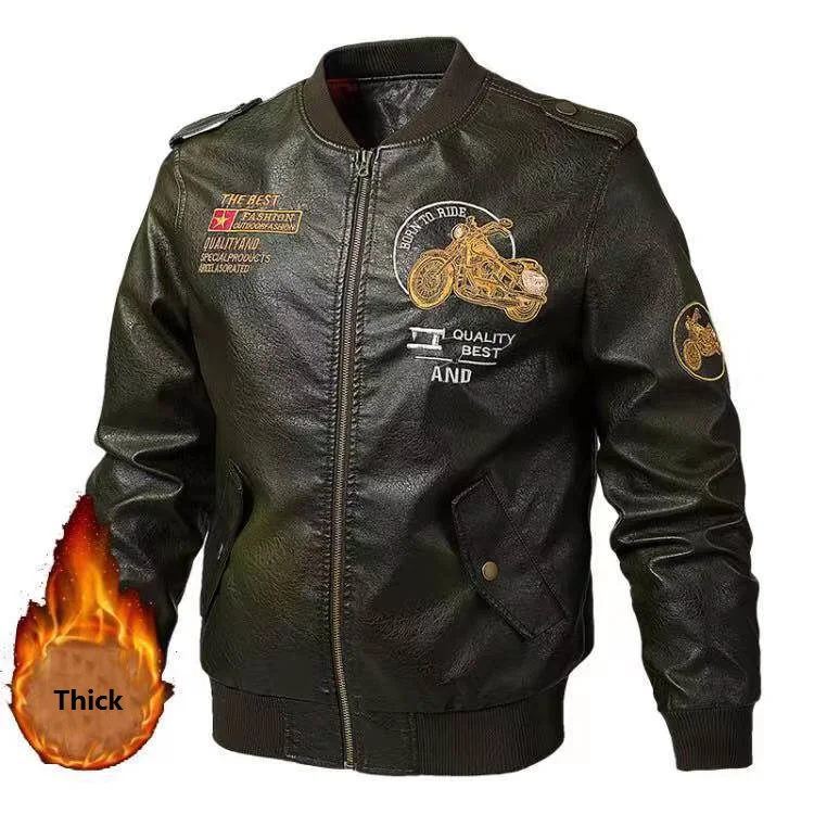 Army green Thick Мужская кожаная куртка, Весенняя модная мотоциклетная верхняя одежда с вышивкой, пальто, куртка-бомбер, винтажная куртка из искусственной кожи, пальто для мужчин, 5XL - Цвет: Army green Thick