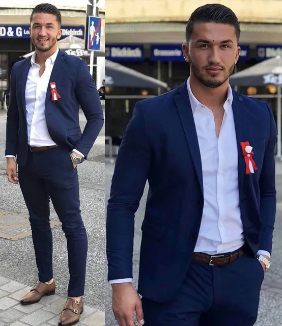 Классический темно-синий пиджак и брюки дизайнерский на одной пуговице мужской