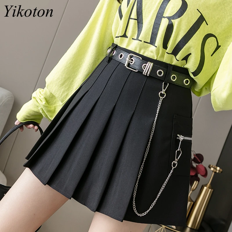 Мини-юбка женская черная Готическая с высокой талией в стиле преппи со складками