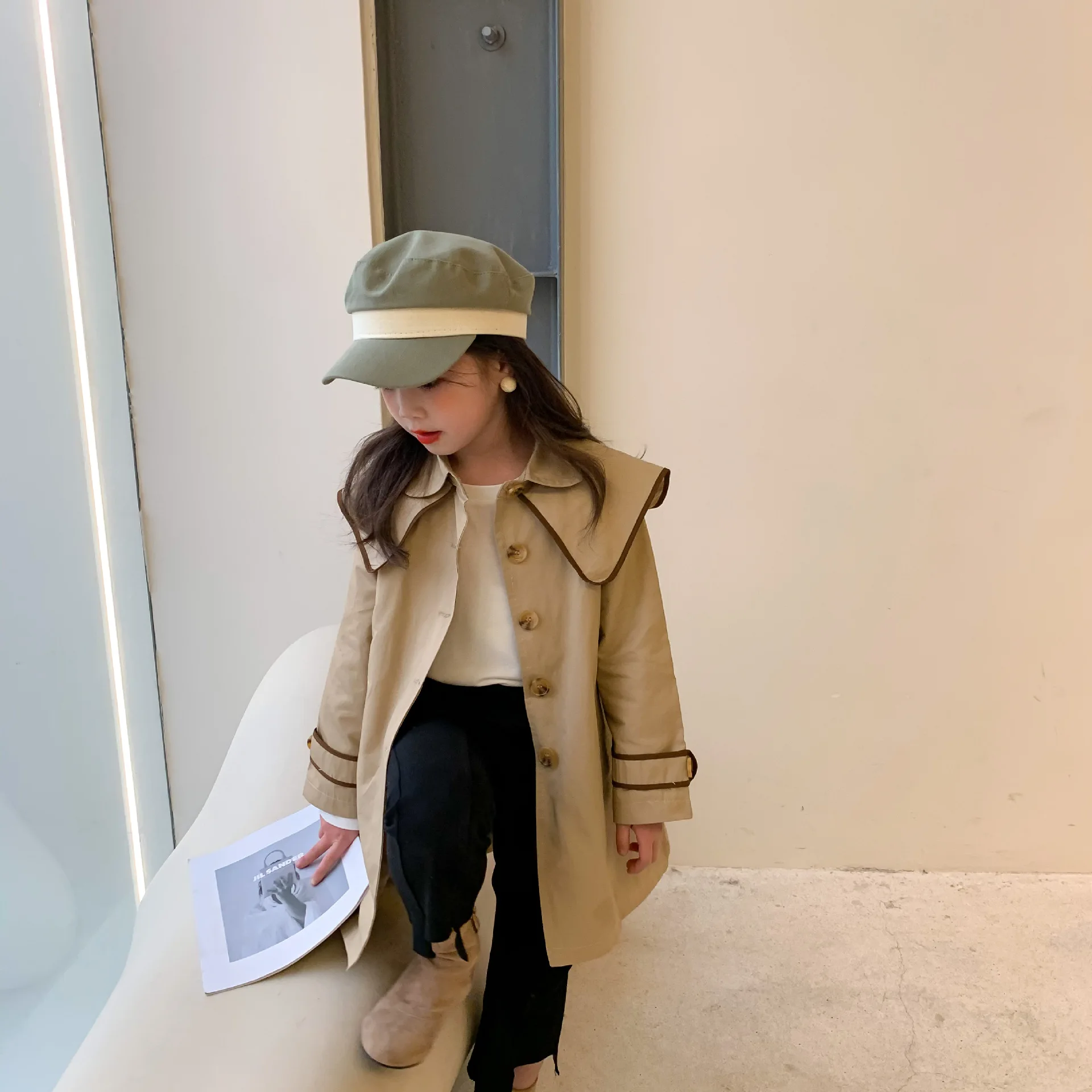 Пальто детское хлопковое цвета хаки с длинным рукавом | Детская одежда и обувь