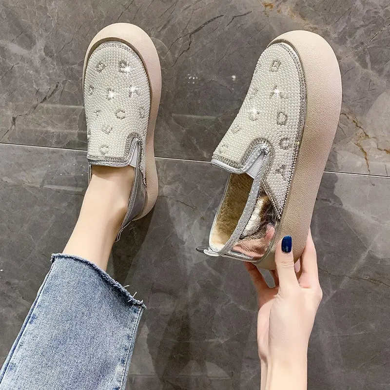 

OIMG Thick-soled spring and autumn plus velvet lazy shoes fashion rhinestone pedal bread shoes women's shoes casual shoes X701