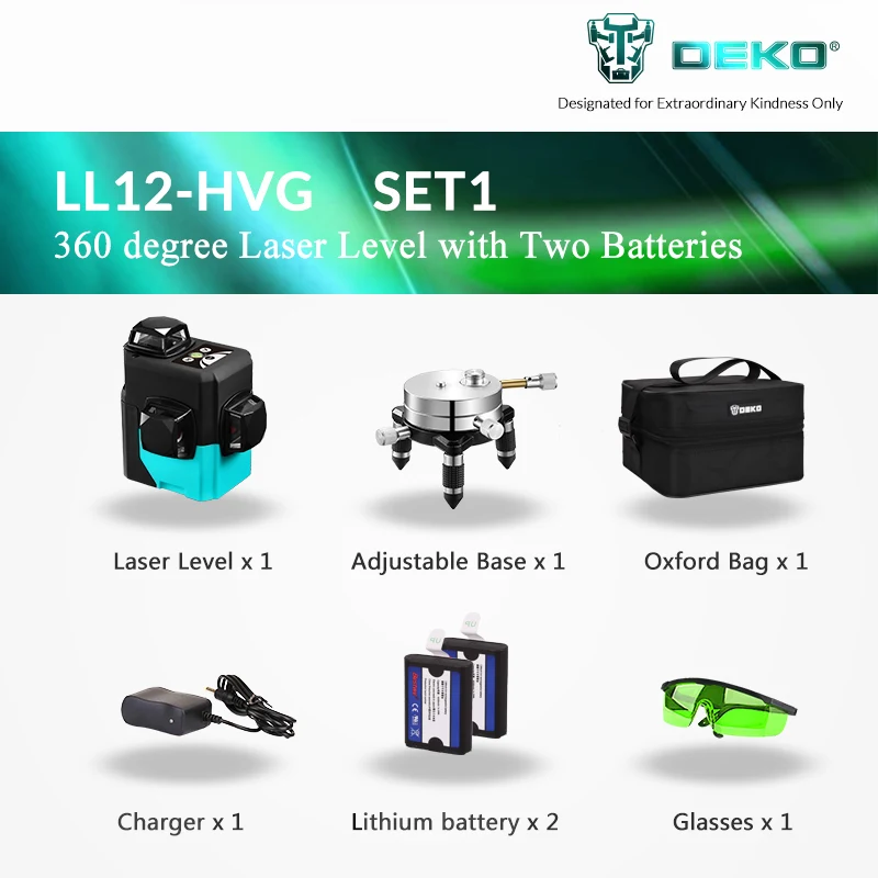 DEKO LL12-HV, 12 линий, 3D лазерный уровень, самонивелирующийся, 360 градусов, горизонтальный и вертикальный крест, мощный, открытый, можно использовать детектор - Цвет: Green Laser Set 1