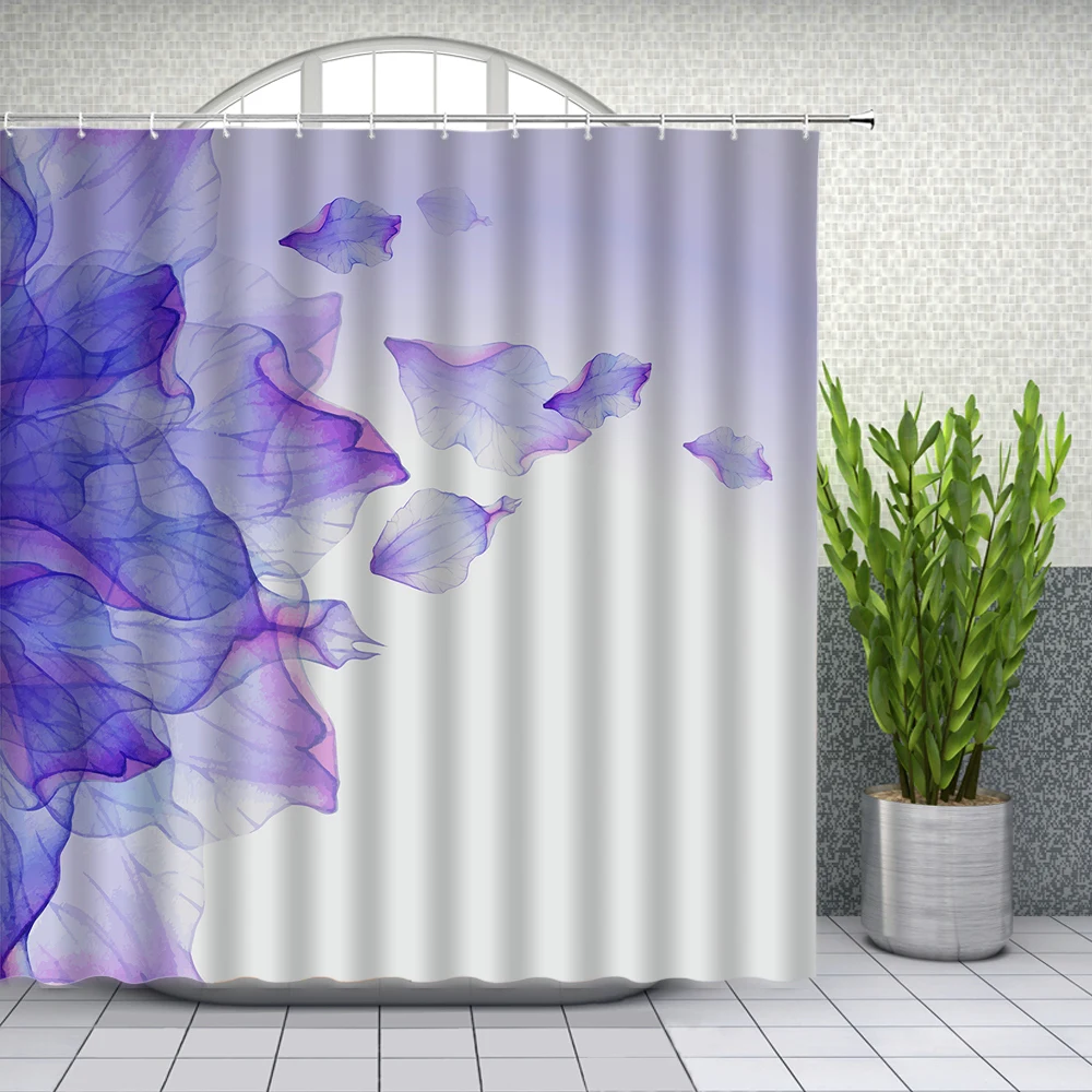 

Floral Shower Curtains Creative Watercolor Flowers Plants Purple Petals Bathroom Decor Print Fabric Bath Curtain with Hooks