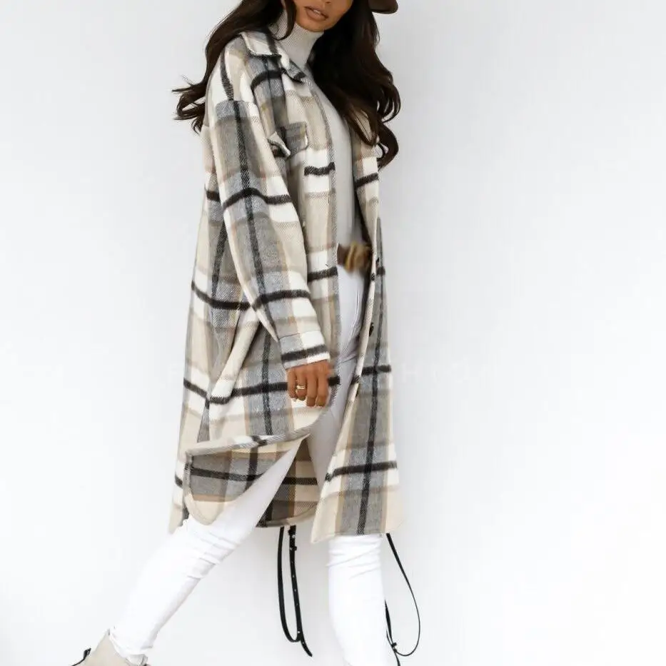 

2020 Winter Women Checked Jacket Casual Oversized Turn Down Collar Long Coat Female Thick Warm Woolen Blends Overcoat Streetwear