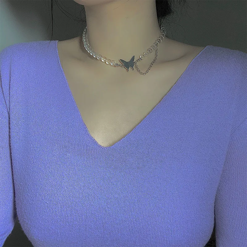 Романтическое ожерелье в стиле панк с прозрачными круглыми бусинами и бабочкой