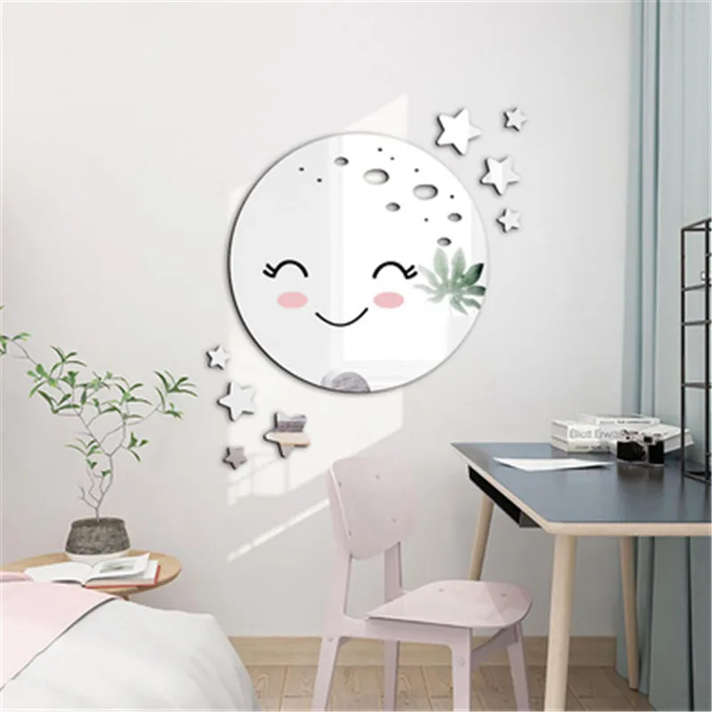 3D планета звезды Зеркальная Наклейка на стену домашний декор мультфильм улыбка