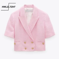 hwlzltzht pink cropped textured weave blazer women spring elegant short sleeve office lady coat top woman double button blazers
