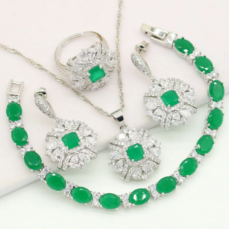 

New Arrivals 925 Silver Jewelry Sets For Women Jade Green Topaz Earrings Necklace Pendant Bracelet Open Ring Christmas Gift 4PCS