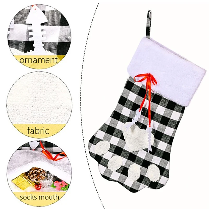 

1PC Dog Paw Socks Sack Xmas Gift Bag Candy Bag Pendant Christmas Tree Decoration Accessories Black And White Lattice