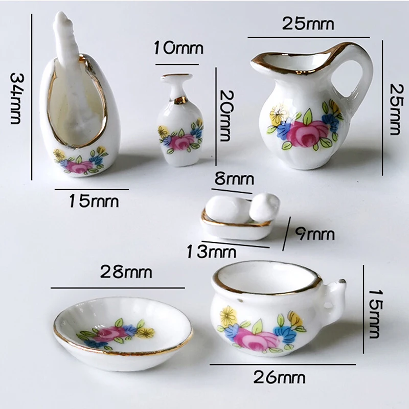 

7Pcs/lot Dollhouse Miniature Dining Ware Porcelain Tea Set Dish Cup Plate -White Purple Flower Pattern