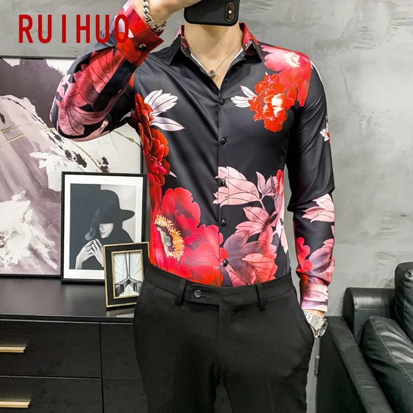 

RUIHUO Beauty Print Shirts For Men Clothing Blouse Men Shirt Long Sleeve Harajuku Mens Shirt Fashion Vintage Clothes 3XL 2021