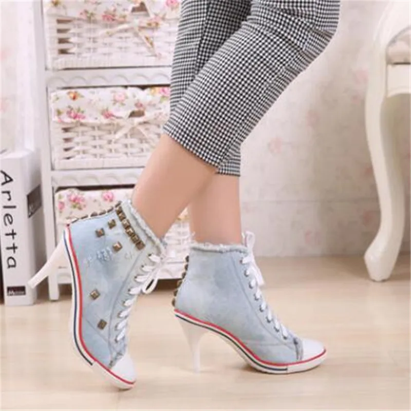 

Women Canvas Shoes Denim High Heels Rivets Shoes Fashion Shoe Laces Sneakers Women Short Women's Pumps black blue
