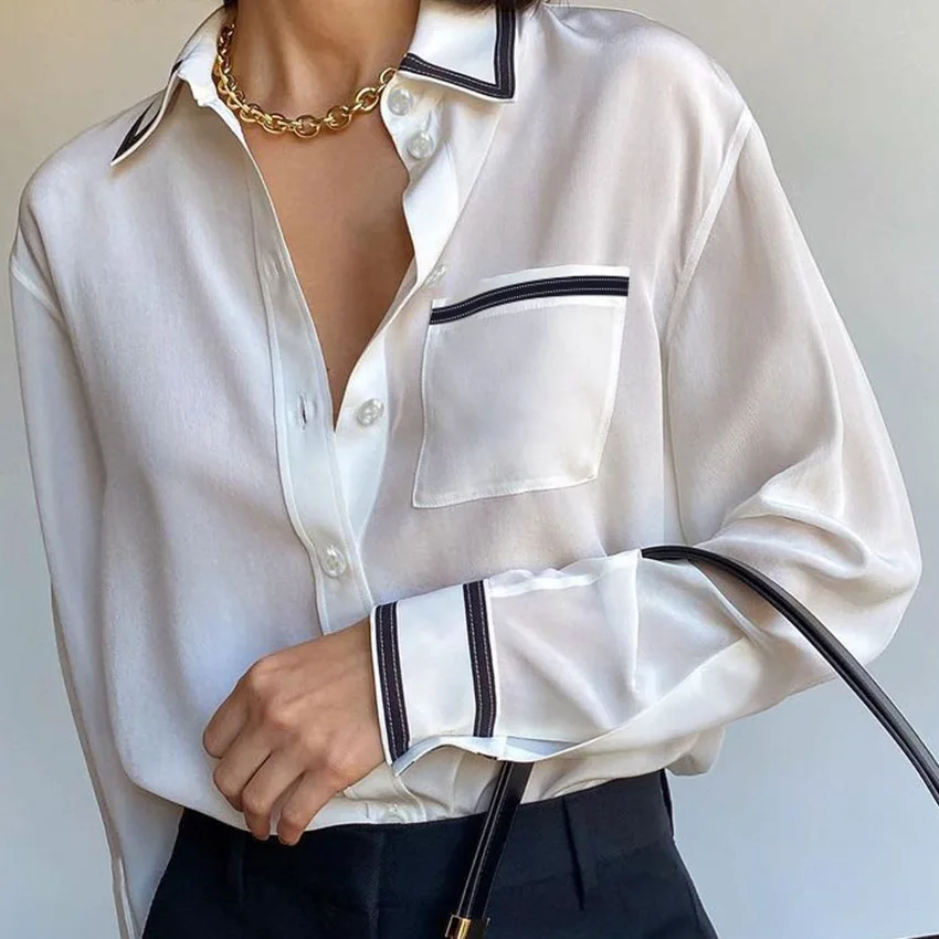 

Autumn Korean Women Shirts Woman Chiffon Blouses Women Long Sleeve White Shirts Office Lady Pocket Shirt Top Woman Blouse