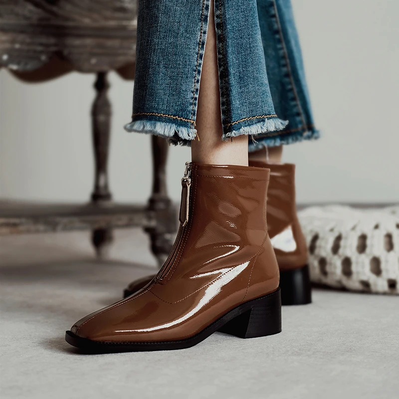 

CONASCO Autumn Winter New Women Ankle Boots Patent Leather Fashion Concise Office Lady Boots Zipper Casual Short Boots Woman