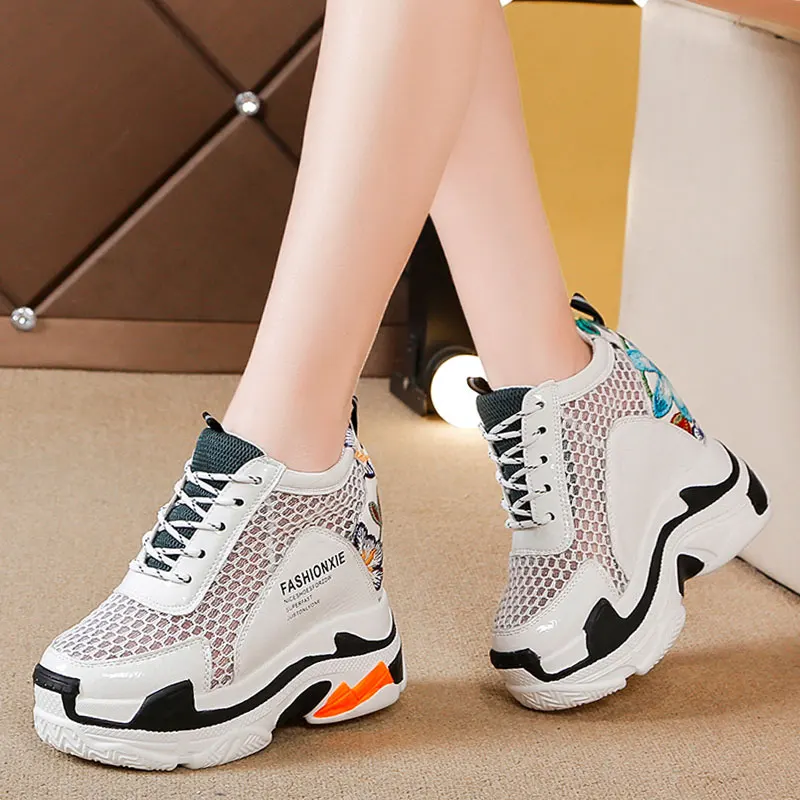 12 см высокие женские дышащие спортивные сетки кроссовки легкие на высокой