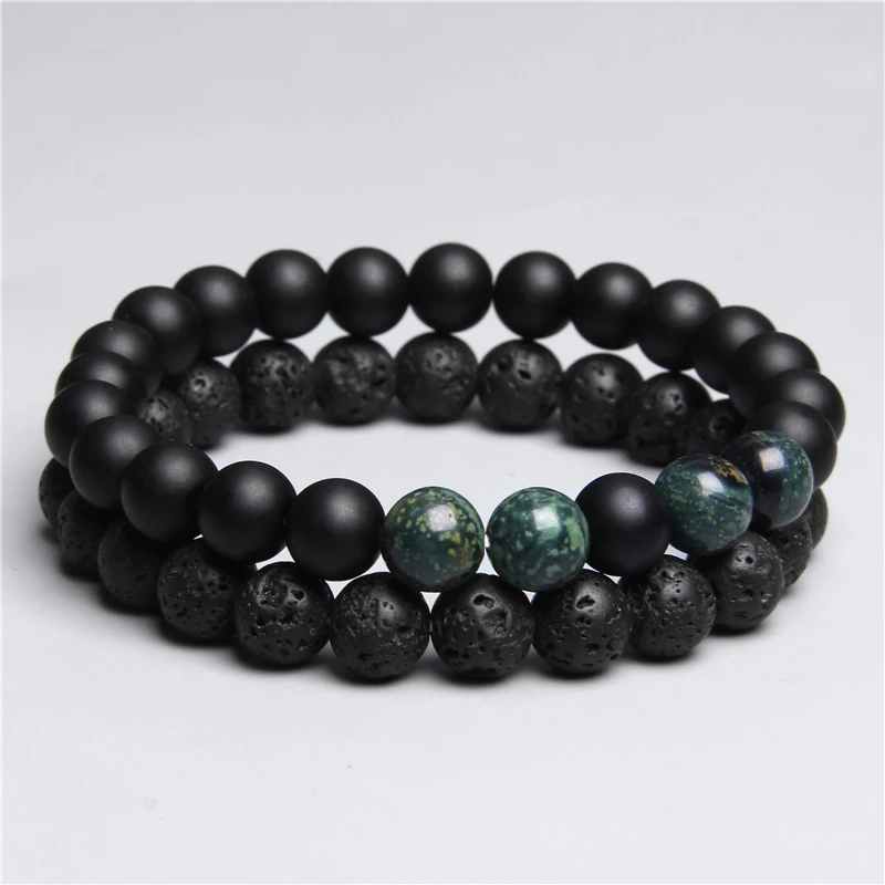 

2 Pieces Couples Bracelets For Men Natural Africa Turquois Bracelet Women Buddism Black Volcanic Stone Beads Pulsera Jewelry