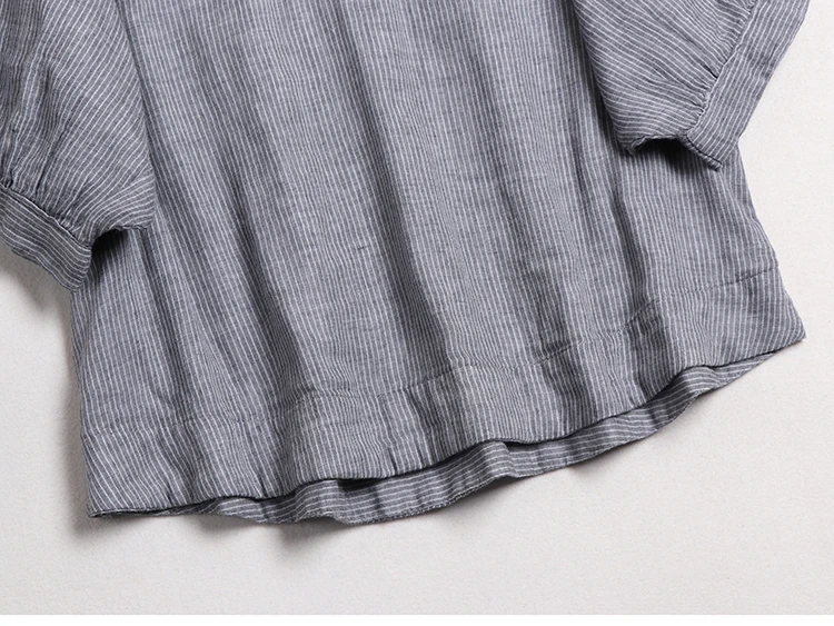

2020 New Summer Women Blouse Japan Style Literary Cotton Striped Stand Collar Half Sleeve Shirt Women Pullover