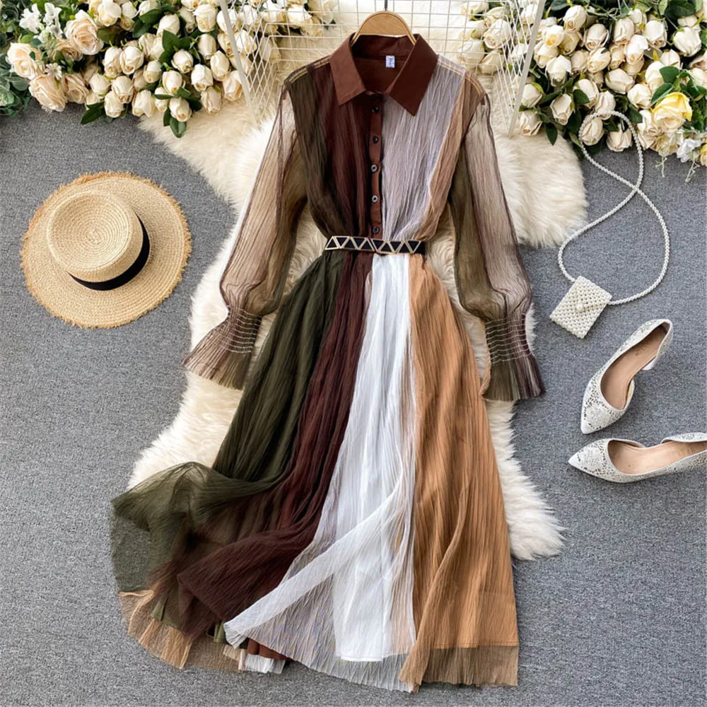

Women Mesh Patchwork Midi Dress Spring Autumn Polo Neck High Waist Fashion Elegant Hitcolor Slim Long Dresses Female 2021 Atopos