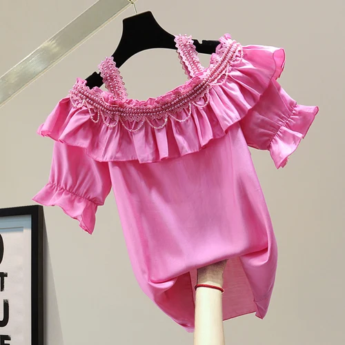 

Heavy Industry Beads Lace Doll Shirt Woamn 2021 Summer Short Sleeve Ruffled Off Shoulder Solid Color Chiffon Blouses Tops