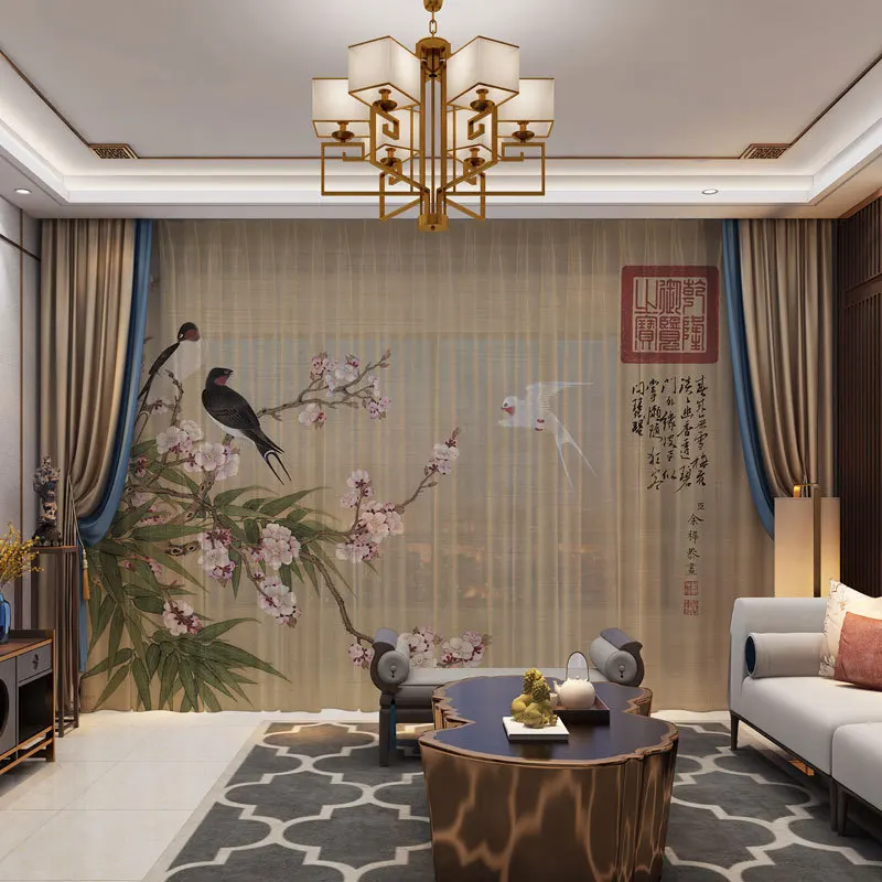 Custom Large 3d Curtain Floral Birds Chinese Style Curtains For Living Room Door Drape Panel Sheer Tulle | Дом и сад