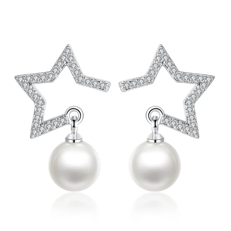 Женские серьги гвоздики с искусственным жемчугом и кристаллами из циркония