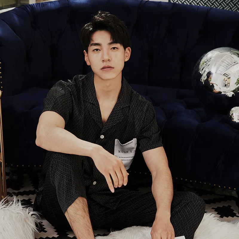 SR036 Ice Silk Bear Printed Pajamas Womens Pyjamas Set Short Sleeve Shirt Sleepwear Women Pajamas Shorts Female Two Piece Set