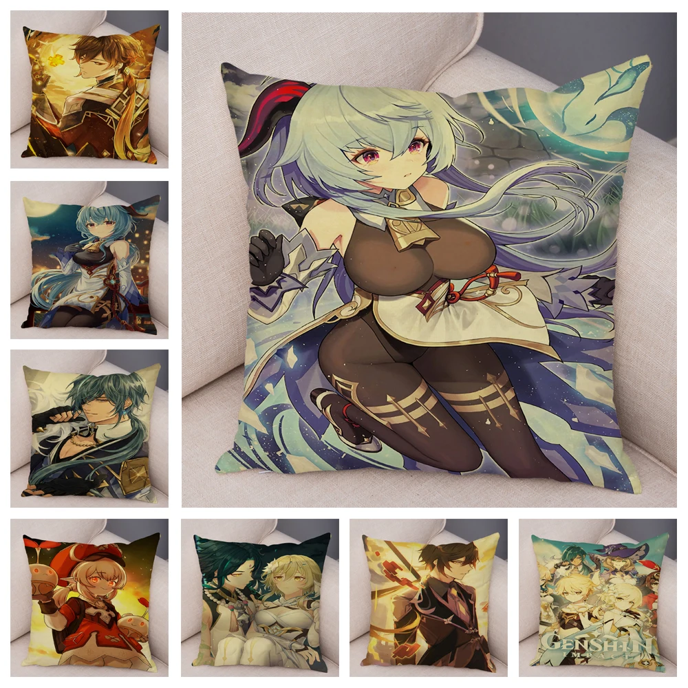 

Японский чехол для подушки Genshin Impact для дивана, домашний автомобильный декор, чехол для подушки с мультяшным аниме принтом 45x4 5 см, чехол для ...