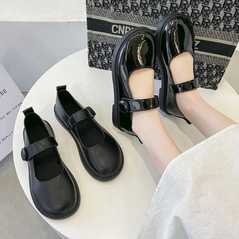 

Solid Leather Women Shoes Woman Mary Janes Thick Mid Heels Slip on Thick Bottom Platform Round Toe Buckle Casual Shoes Plus Size