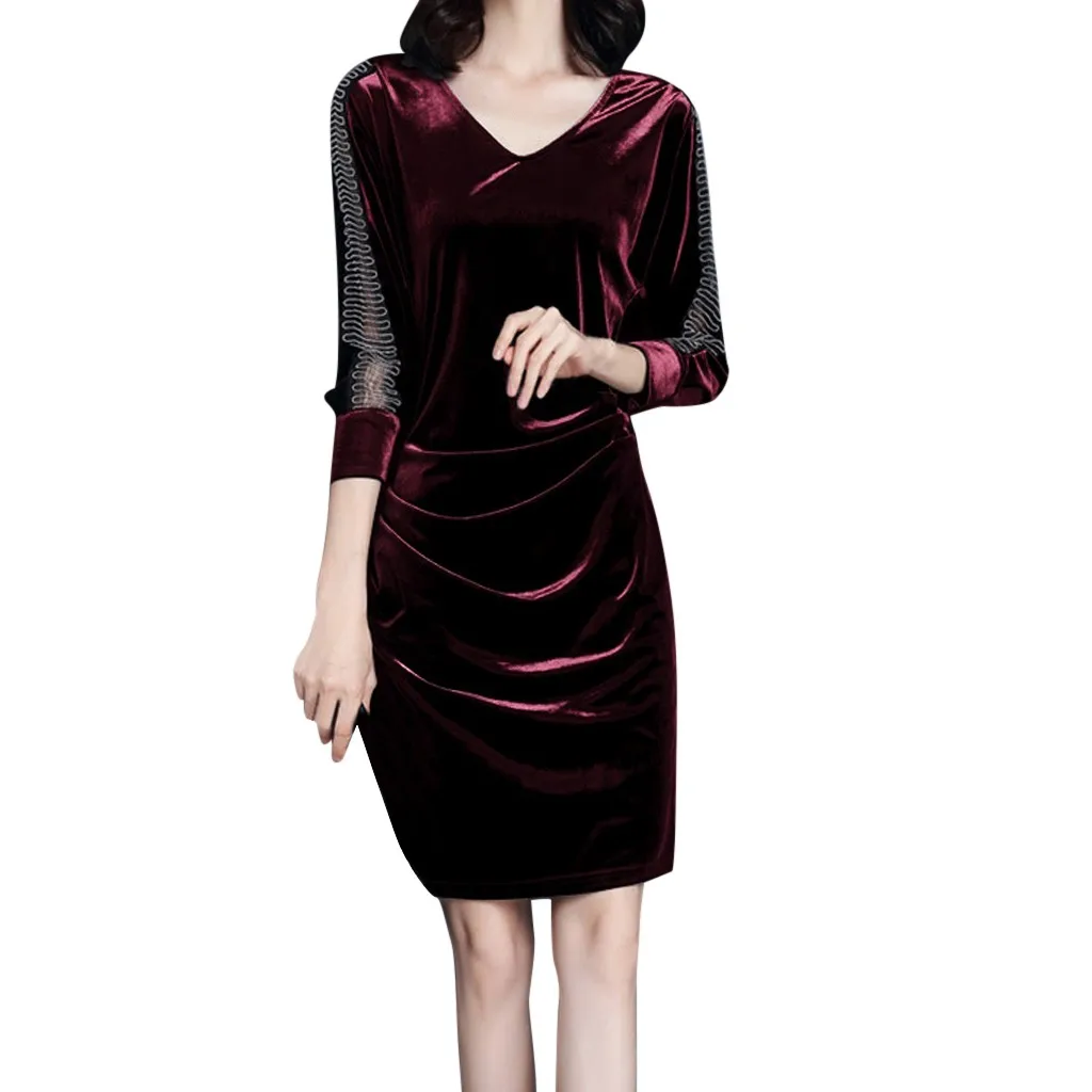 Винтажное женское бархатное платье модное осенне зимнее теплое с v образным