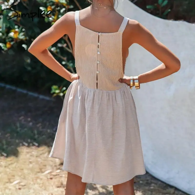 Простое Полосатое летнее платье с ремешком для спагетти женское повседневное
