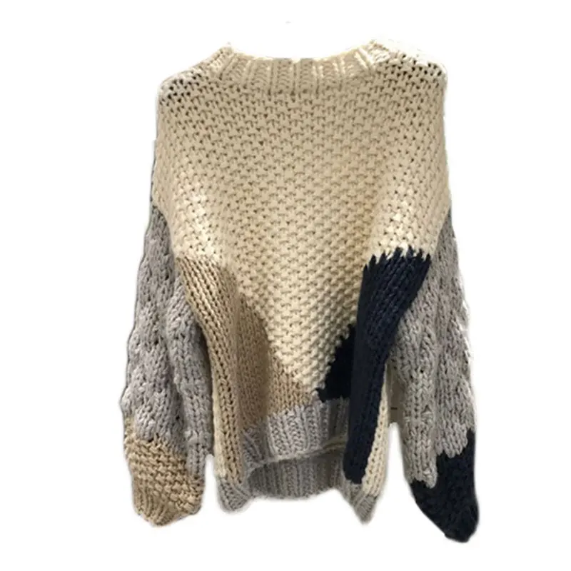 

2020 new fashion loose lazy wind thick thick thick wool contrast color knitted sweater women autumn and winter