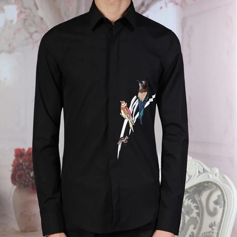 Новинка мужская рубашка с вышивкой в виде птиц офисная деловая белая черная плюс