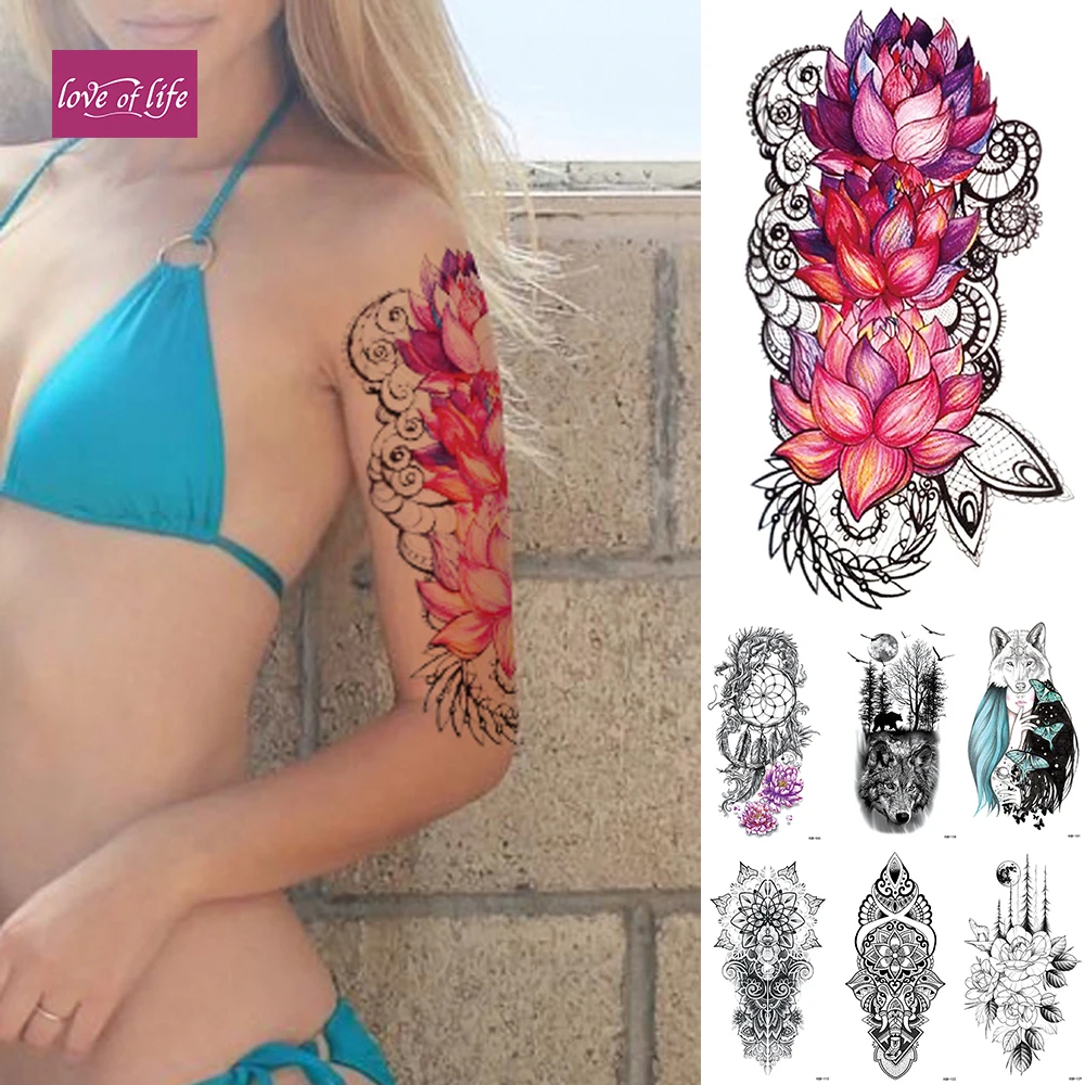 

Водостойкая временная татуировка-наклейка, розовый лотос, розы, флэш-татуировки, богемный тотем, боди-арт, искусственные татуировки для жен...