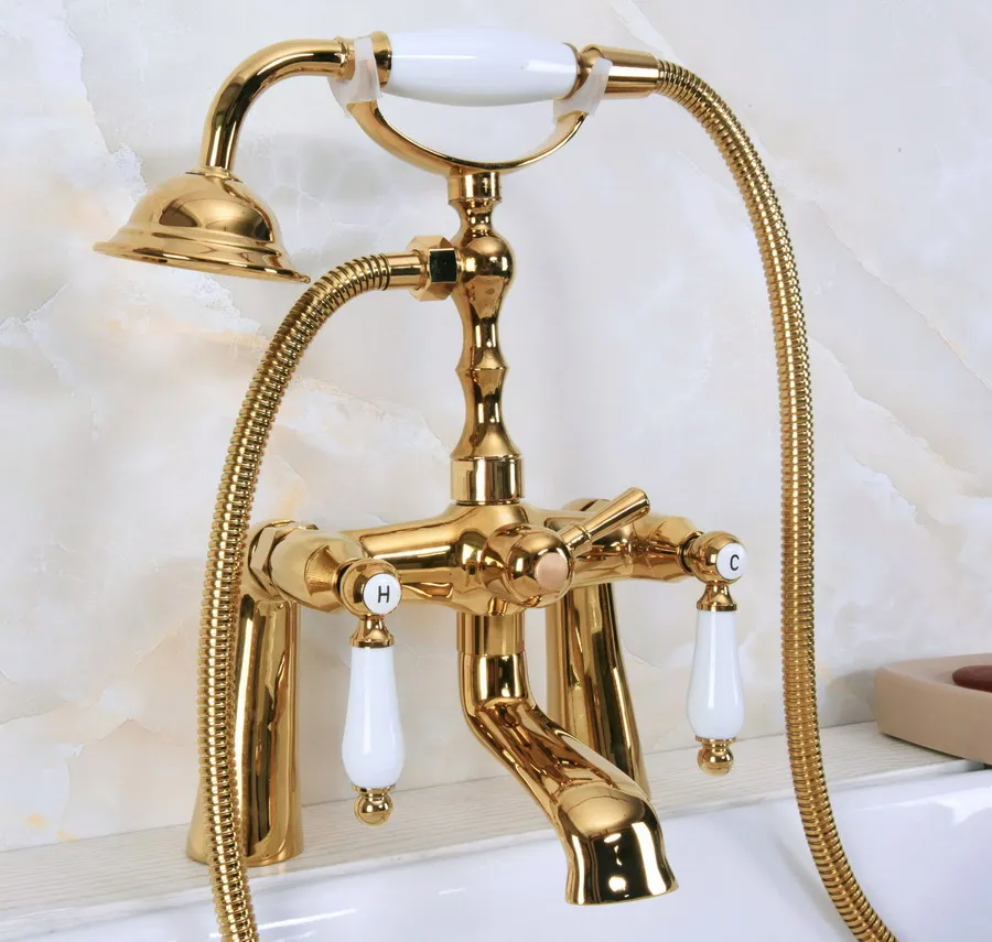 Luxury Gold Color Brass Deck Mounted Bathroom Clawfoot Bathtub Mixer Tap With Hand Shower Head Bath &amp Faucet Lna140 | Обустройство