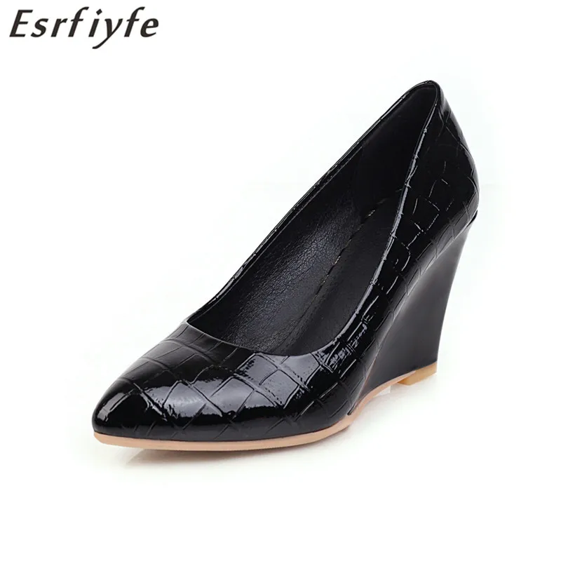 

ESRFIYFE New Big Size 34-43 Wedges Shoes Classic Autumn Spring Pumps PU Leather Black Wedding Shoes Office Ladies Work Shoes