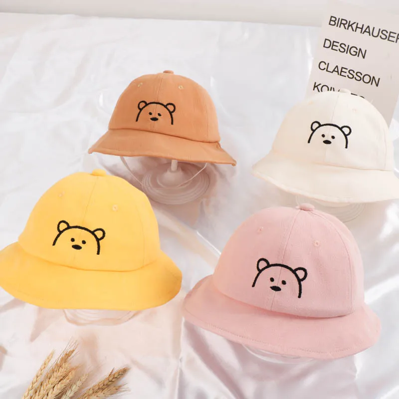 

Spring Autumn Bear Embroidery Baby Bucket Hat Thin Cartoon Cotton Fisherman Hats Kids Summer Toddler Boys Girls Panama Sun Cap