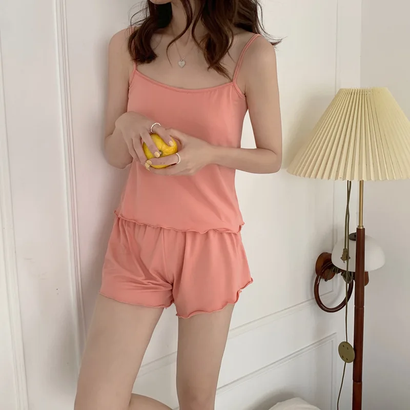 

New Summer Women's Pajamas Sexy Sling Pajamas Set Sweet Girl Solid Color Korea Sleepwear Sleeveless Shorts Soft Nightwear Suit