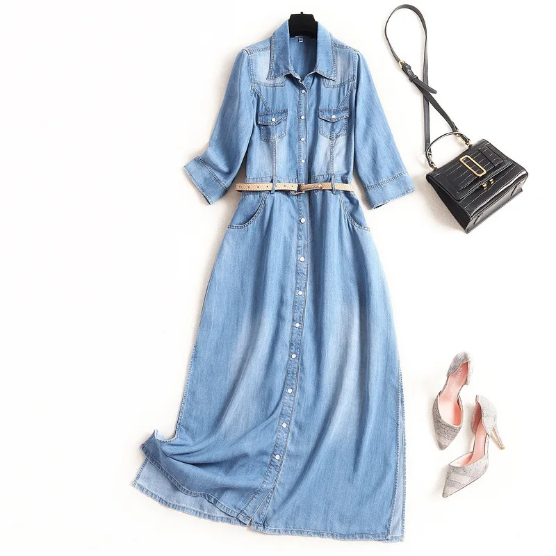 

European thin Tencel denim dress 2021 spring and summer new single breasted shirt skirt length denim skirt 7195