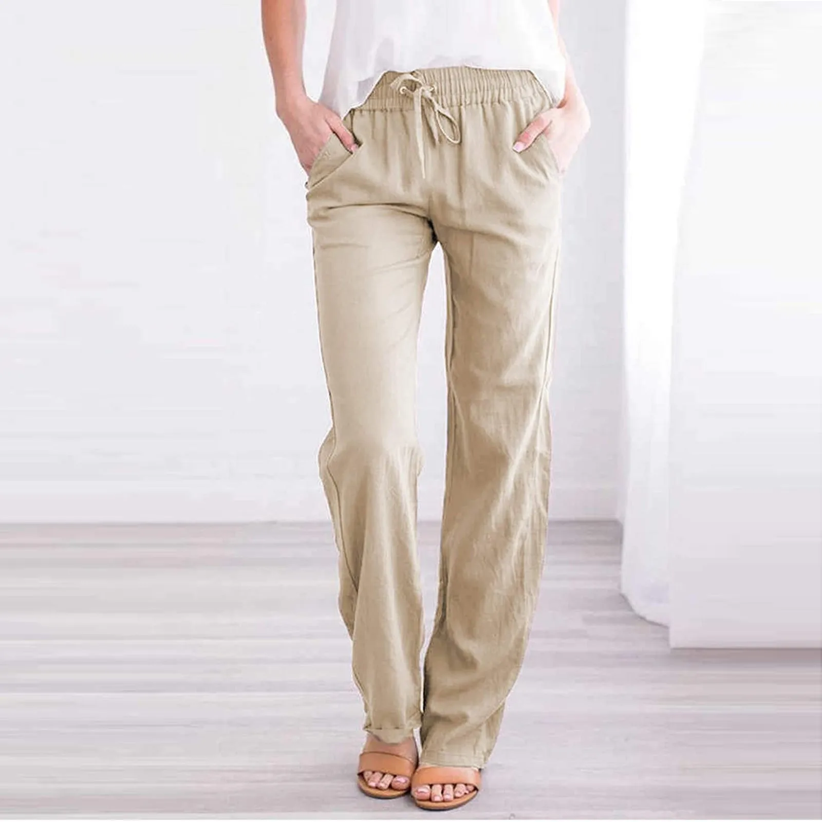 

2021 New Summer Women's Cotton Linen Drawstring Loose Wide-Leg Pants Hot Sale Long Trousers With Pocket Drop/Ship Hot sale