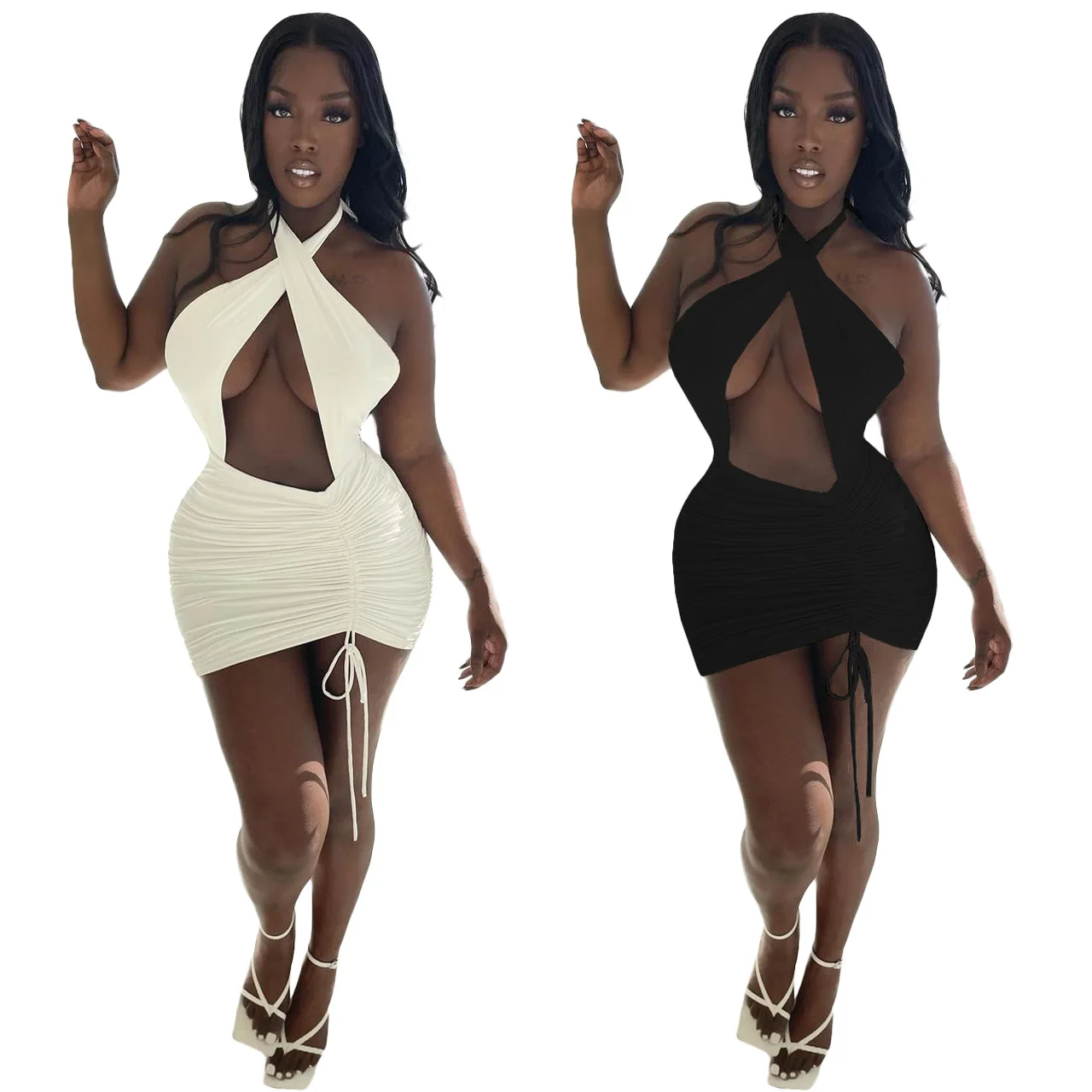 

New Women Sleeveless Bodycon Midi Dress Sexy Club Party Halter Neck Backless Ruched Stack Mini Pencil Dresses
