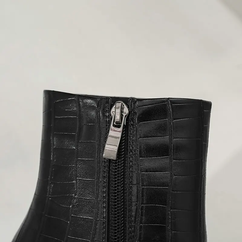 

Black White Women Boots Fashion Sqaure High Heel Ankle Boots Faux Leather Pointed Toe Heels Autumn Winter Ladies Shoes 2020