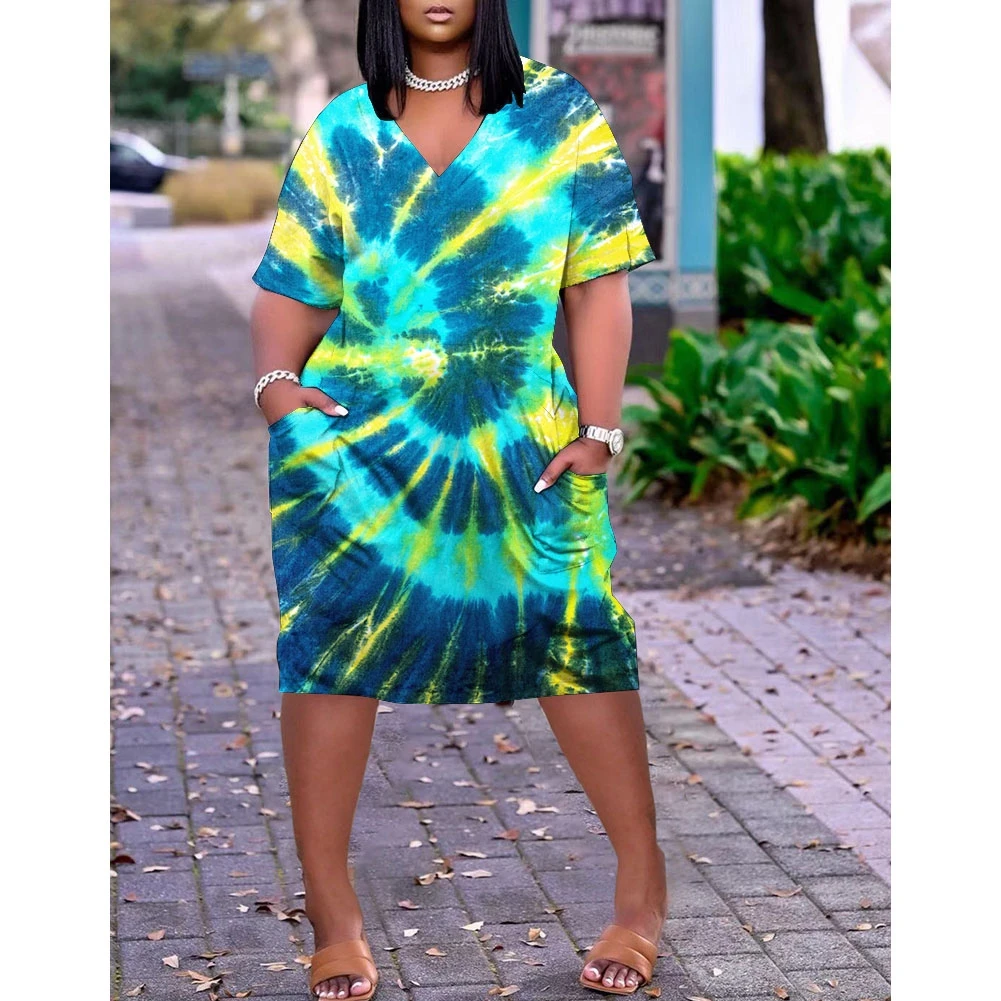 

Print Fashion Loose s 2021 Summer Holiday Hem Print Sexy V-neck Women's Beach Dress Plus-size dress Comfortable
