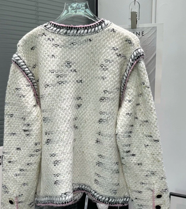 

113362 Autumn Winter New Fashion Classic Brand Luxury Design Long Sleeve Gold Knitting Cardigan Contrast Loose Sheep Coat C1