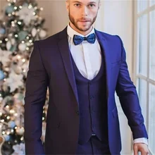 2021 New High-Quality Customized Design Royal Blue Men's Suit Notched Lapel Slim Groom 3-Piece Set(Coat +Pants + Vest + Bow Tie) (3)