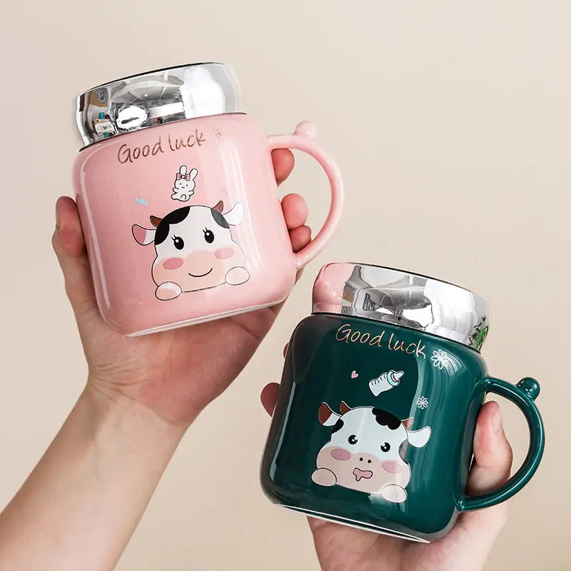 

Cartoon Ceramic Mirror Cup with Lid/ Spoon for Couple Coffee 400ml Household Mark Student Dormitory Drinking Office