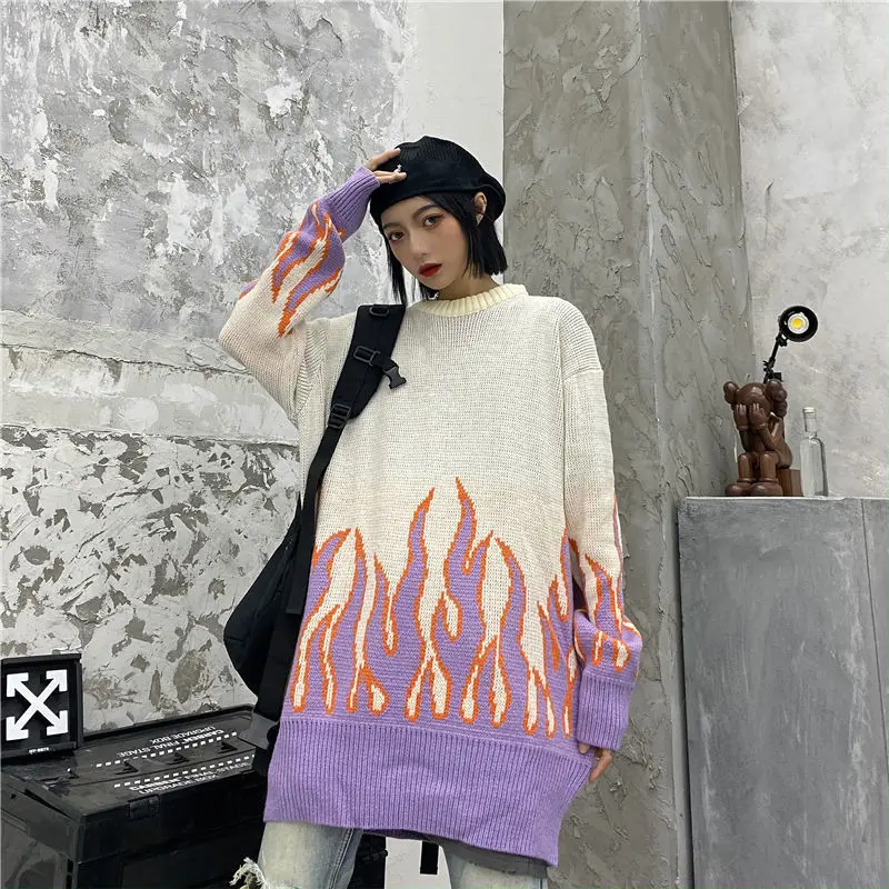 Harajuku High Street Flame жаккардовые лучшие свитера Свободный пуловер Рождественский